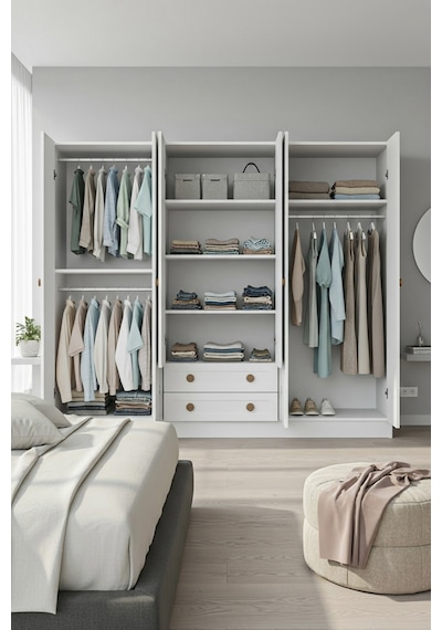 Bohem 4 Kapak 2 Çekmece Aynalı Gardırop K7 Mdf Kapak Beyaz