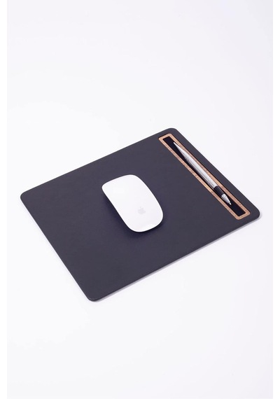 Deri Mousepad Düz Siyah Ahşap Detaylı