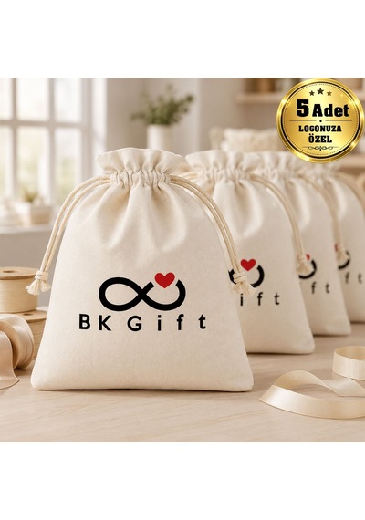 Logonuza Özel 5 Adet Büyük Büzgülü Hediyelik Kumaş Kese 22x28 Cm Baskılı Set Beyaz