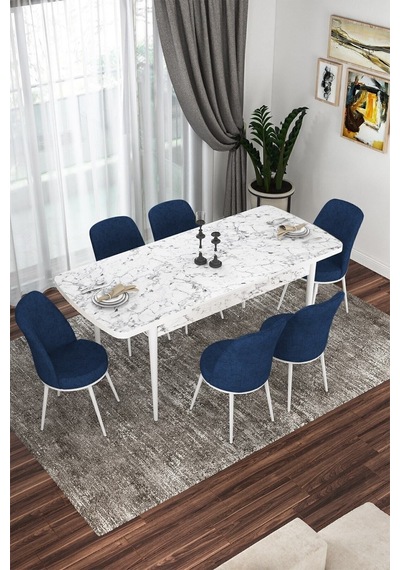 Canisa Kor Serisi, Beyaz Mermer Desen 70x114 Açılabilir Yemek Masa Takımı,6 Lacivert Sandalye Masa Beyaz Mermer Desenli Sandalyeler Lacivert Canisa Kor Serisi, Beyaz Mermer Desen 70x114 Açılabilir Yemek Masa Takımı,6 Lacivert Sandalye Masa Beyaz Mermer Desenli Sandalyeler Lacivert