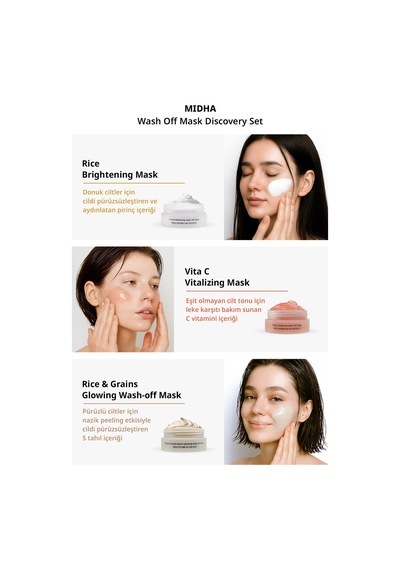 Nemlendirici Aydınlatıcı & Peeling Etkili 3lü Krem Maske Seti Mıdha Rice Wash Off Mask Discovery Set