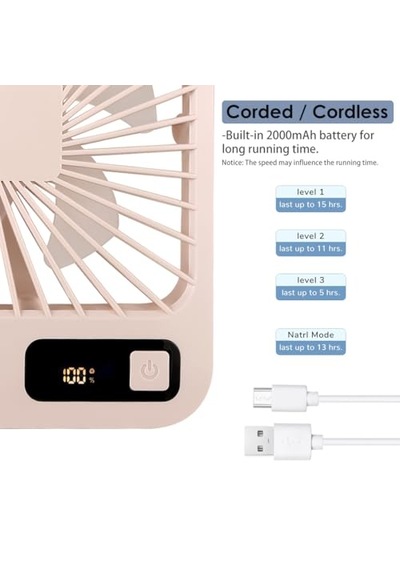 Küçük Masa Fanı, Taşınabilir Usb Şarj Edilebilir, 2000mah Pil Ve Lcd Ekranlı Eğilebilir Katlanabilir Kişisel M