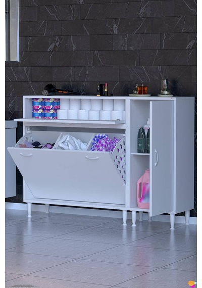 Erim 145 Cm Üçlü Çamaşır Sepetli Modern Banyo Ve Kiler Dolabı Beyaz 100+45 X97x32 Cm