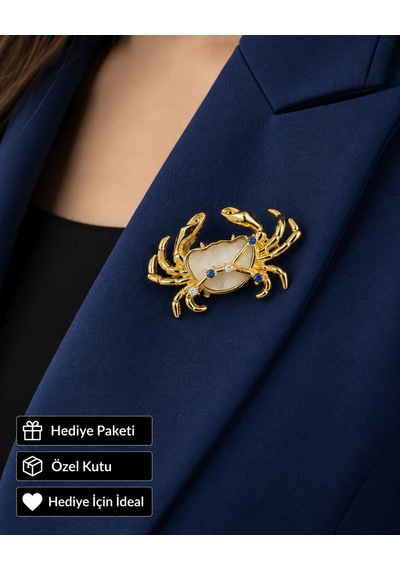 Hediye Yengeç Burcu Kadın Broşu Gold Renk Zirkon Taşlı Rozet Açık Gri