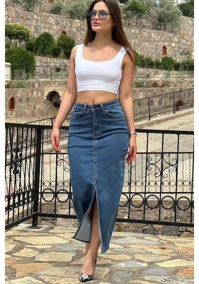 Vikings Jeans Kadın Maxi Denim Etek Likralı Önden Yırtmaçlı Yüksek Bel Mavı Mavi