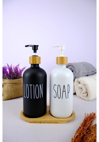 Digithome 2 Li Ahşap Standlı Cam Sıvı Sabun Ve Losyon Şişesi Sabunluk 500 Ml - E/6 C1-1-289