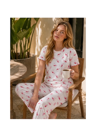 Rindahomewear Kadın Alaçatı Kumaş Flamingo Desenli Kısa Kollu Yazlık Pijama Takımı Flamingodesen