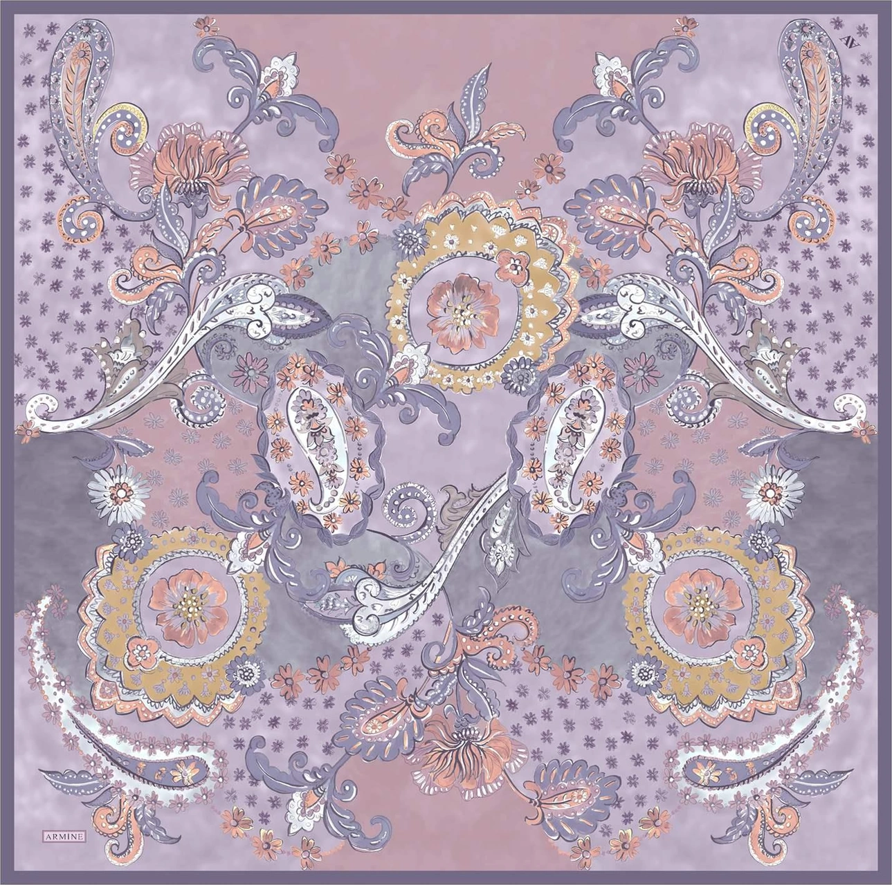 Armine Etnik Desenli Saf İpek Twill Eşarp 9338d 53 Lila