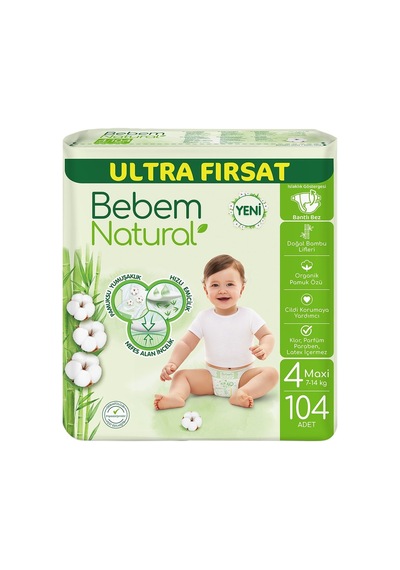 Bebem Natural Ultra Fırsat Bebek Bezi Maxi 104lü Bambu Ve Organik Pamuk 3'li Ekonomik Paket - 3 Tarı 4 Numara