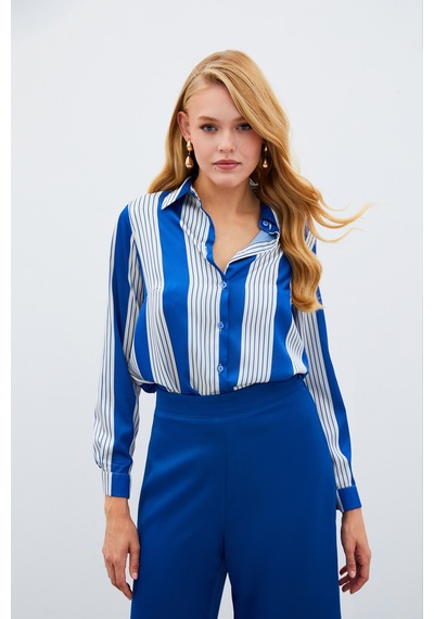 Sateen Çizgi Desenli Gömlek - Saks Mavisi-134967 Saks Mavisi Saks