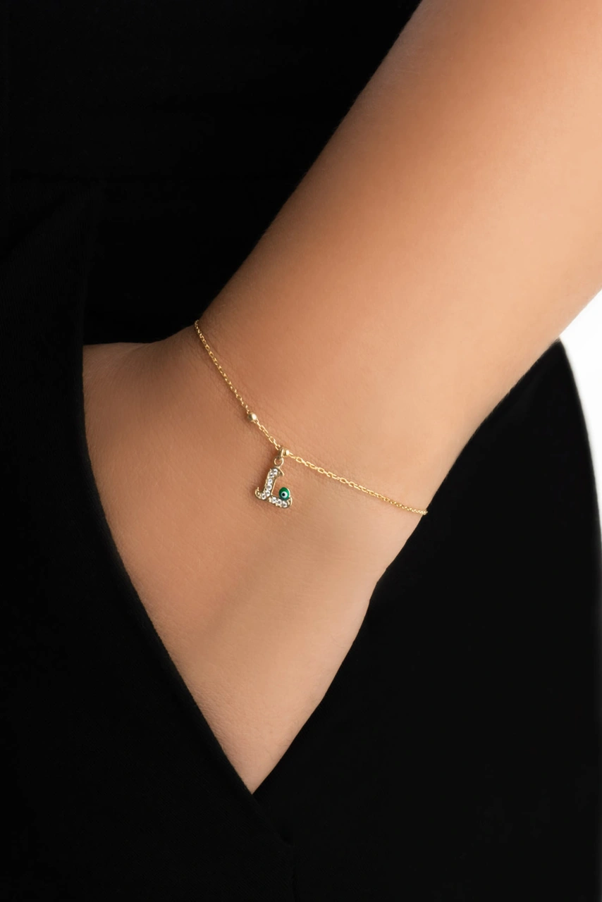 L Harfi 18 Ayar Sarı Altın Kaplama 19 Cm Gümüş Nazar Bileklik Sarı