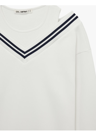 Koton Üç İplik Şardonlu V Yaka Biyeli Atlet Detaylı Uzun Kollu Sweatshirt Ekru 7wal10079ık