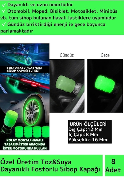 Premium Fosforlu Yeşil Sibop Kapağı Otomobil Bisiklet Motosiklet, Minibüslerle Uyumlu 8'li