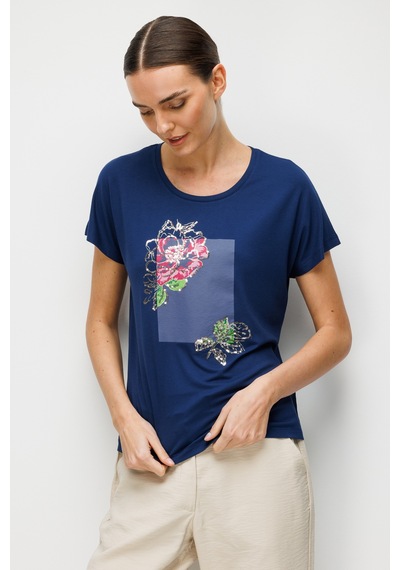Kadın Sıfır Yaka Önü Payet Güllü Penye T-shirt Lacivert Lacivert