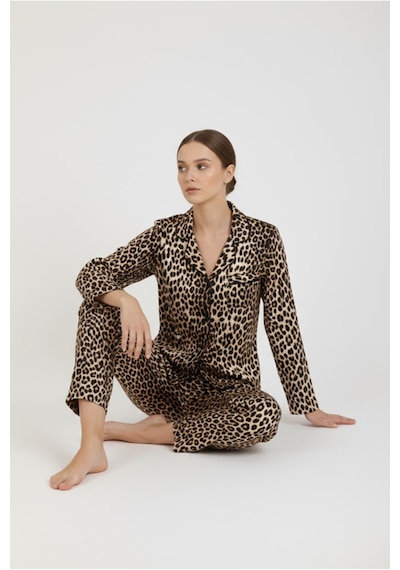 Luxury Viscose Leopar Desenli Kadın Uzun Kollu Pijama Takımı 42577 LEOPAR
