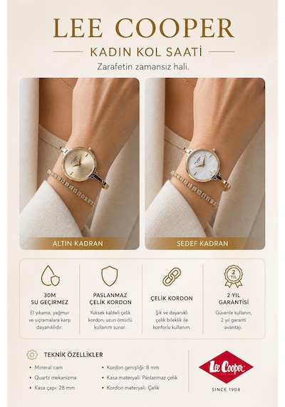 Lee Cooper Gold Minimal İnce Bilezik Kadın Kol Saati Şık Ve Zarif 2 Yıl Garantili+bileklik C8350.110 Sarı