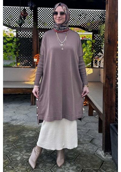 Rabia Şamlı Sevda Triko Tunik Sütlü Kahve Çok Renkli