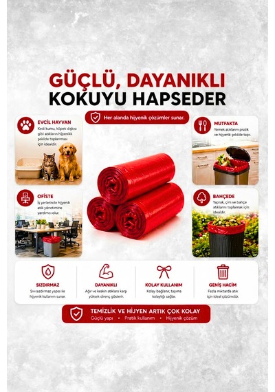 Büzgülü Çöp Poşeti Çilek Kokulu 65 70 Cm Büyük Boy 5 Rulo Dayanıklı Sızdırmaz Kalın Çöp Torbası