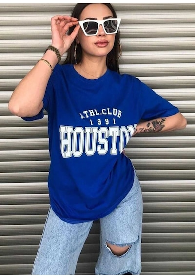 Kozia Outdoors Malkoçbey Houston Baskılı Oversize Unisex Basic T-sihirt Saks Mavi