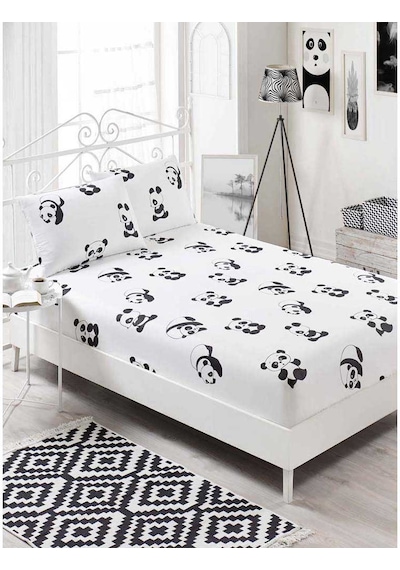 Eponj Home Pes Lastikli Çarşaf Seti Çift Kişilik B-W Panda