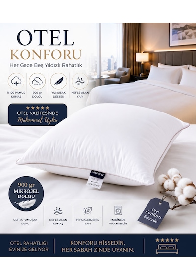 Viscolog Otel Konforu Rahat Mikrojel Yastık %100 Pamuk Kumaş 900 Gr Dolgu Hipoalerjenik Nefes Alan 50x70 Cm Tela Çantalı Beyaz
