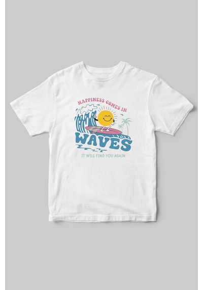 Denizde Sörf Güneş Baskılı Yazlık %100 Pamuk Beyaz T-shirt Beyaz