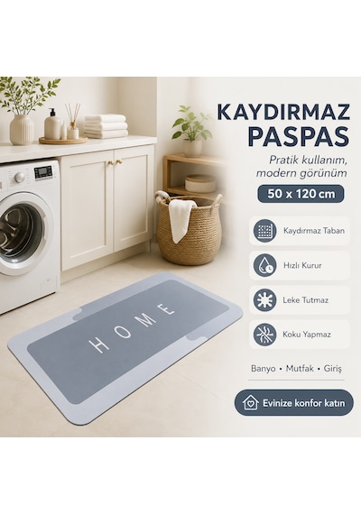 Kauçuk Kaymaz Tabanlı Ultra Emici Banyo Paspası 50x120 Cm Hızlı Kuruyan Paspas Gri