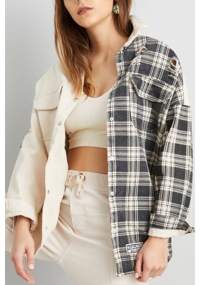 Esb Design Kadın Boyfriend Oversize Eskitmeli Denim Jeans Kot Ceket Krem-ekose