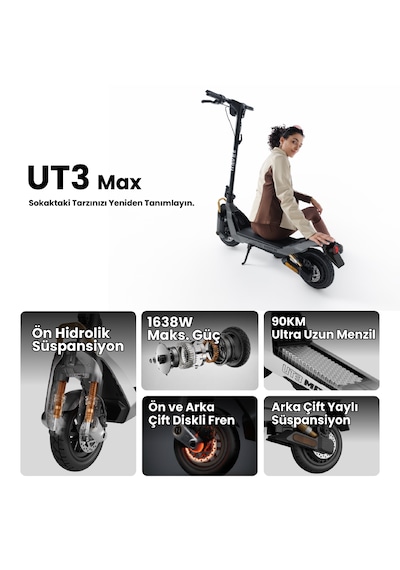 Navee Ut3 Max Elektrikli Scooter - 1638w Güç, 28 Eğim, 130 Kg Taşıma Kapasitesi, Tcs, Find My Siyah
