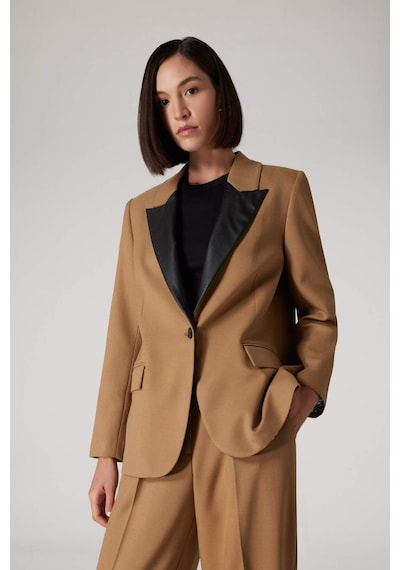 Defacto Sorbe x DeFacto Oversize Geniş Kalıp Ceket Yaka Suni Deri Detaylı Düğmeli Blazer Ceket D9887AX24AU Haki