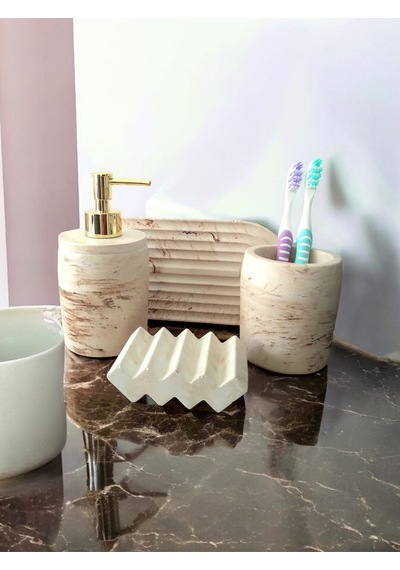 Marble Serisi Bej Sıvı Sabunluk Ve Diş Fırçalık Seti Gri