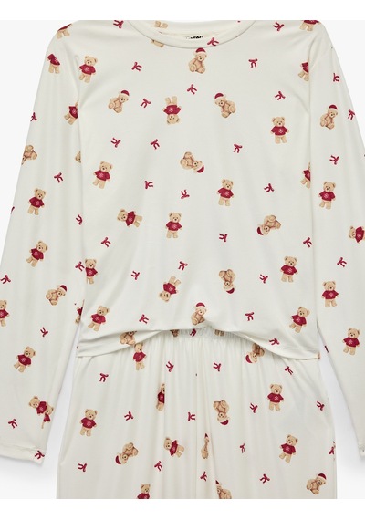 Koton Rahat Kesim Uzun Kollu Bisiklet Yaka Ayıcık Baskılı Pijama Takımı Ekru Desenli 7wlk40321mk