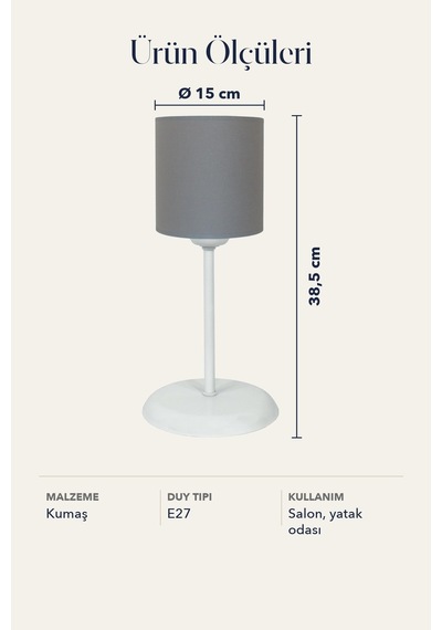 Şenay Aydınlatma Metal Ayaklı Silindir Kumaş Abajur Masa Lambası Gri Salon Yatak Odası Şenay Aydınlatma Metal Ayaklı Silindir Kumaş Abajur Masa Lambası Gri Salon Yatak Odası