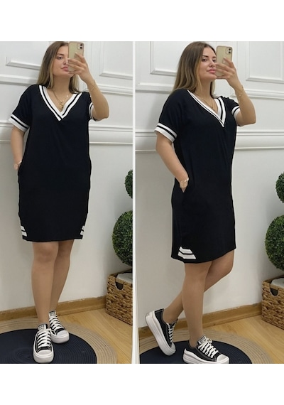 Efnaz Style Kadın Kısa Kollu V Yaka Ribana Detaylı Cepli Dizüstü Viskon Elbise Siyah