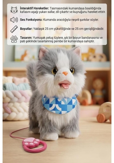 Şarkı Söylüyen Yürüyüş Arkadaşım - İnteraktif Tasmalı Kumandalı Pilli Sesli Oyuncak Peluş Kedi Gri