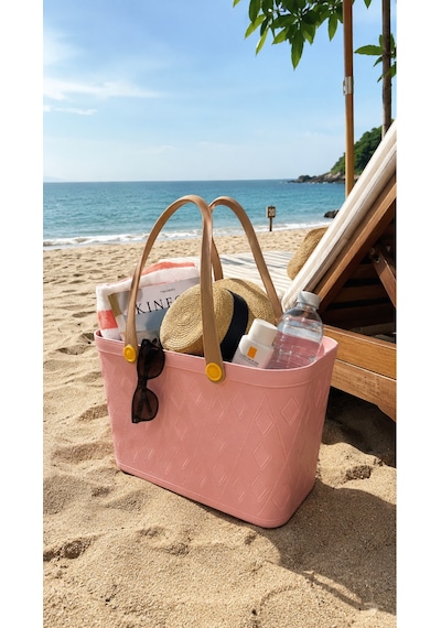 Deri Görünümlü Çok Amaçlı Kulplu Plastik Organizer Sepet El Çantası Plaj Çantası, Piknik Sepeti, Dekoratif Sepet Pembe