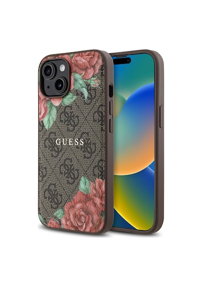 Apple Uyumlu iPhone 15 Kılıf Guess Lisanslı Magsafe Şarj Özellikli Gül Baskılı 4g Desenli Yazı Logolu Kahverengi