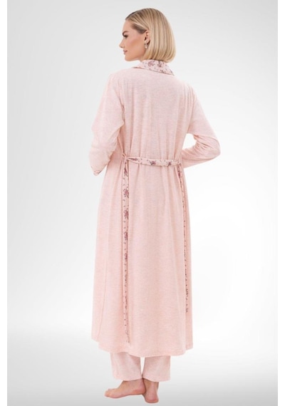 Mecit Pijama Mecit 6316 Pudra Kadın Büyük Beden Sabahlıklı Pijama Takımı Pudra