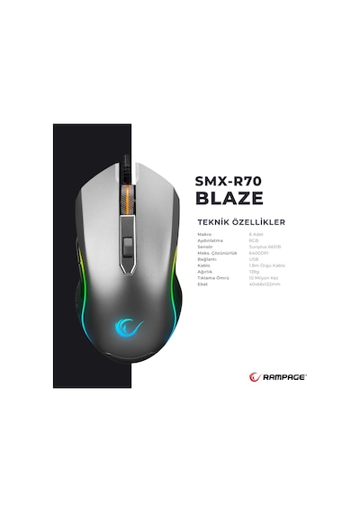 Rampage SMX-R70 Blaze Kablolu USB RGB Macrolu Oyuncu Mouse