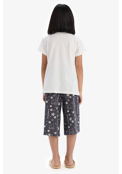DeFacto Kız Çocuk Pijama Takımı Baskılı Kısa Kollu Üst Kapri Alt E2227A825SMER85 Ekru