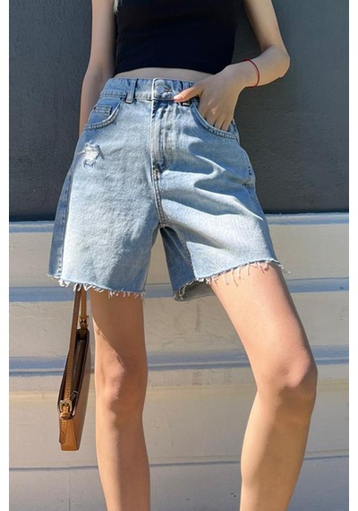 Madmext Mavi Yüksek Bel Regular Fit Basic Kot Şort Mg1520 Mavi
