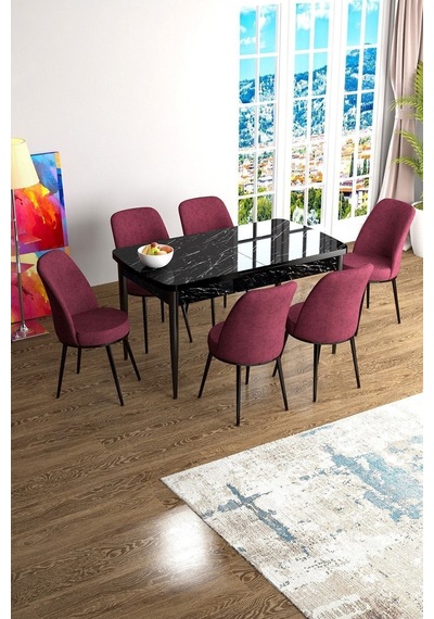 Canisa Han Serisi 70x114 Açılabilir Mdf Mutfak Masası Takımı Siyah Mermer Desen Masa 6 Bordo Sandalye Masa Siyah Mermer Sandalyeler Bordo