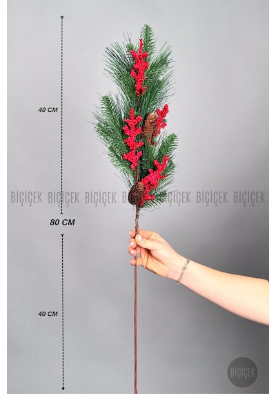 Koki Na 80 Cm Bol Meyveli Ve Kozalakli Yilbaşi Bi Tki Si Tek Dal Yeşil
