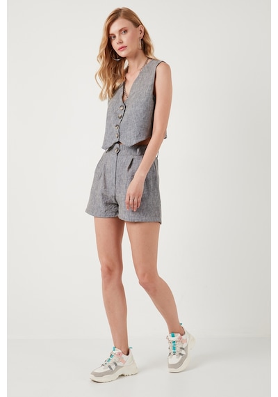 Lela Flamlı Regular Fit V Yaka Yelekli Şortlu Bayan Takım 67045802S4 Gri