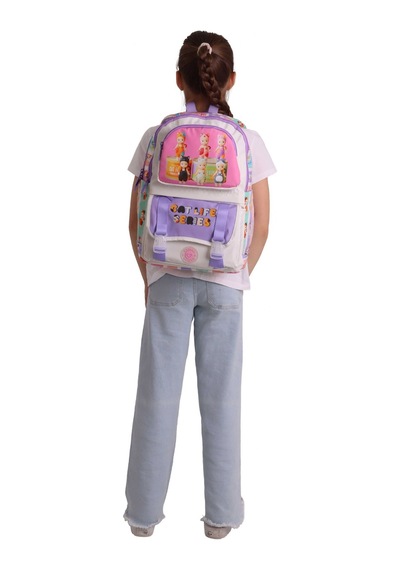 Kaukko Kids Dört Bölmeli Kız Çocuk Cat Life Baskılı Mor - Krem Okul Sırt Çantası - L5313