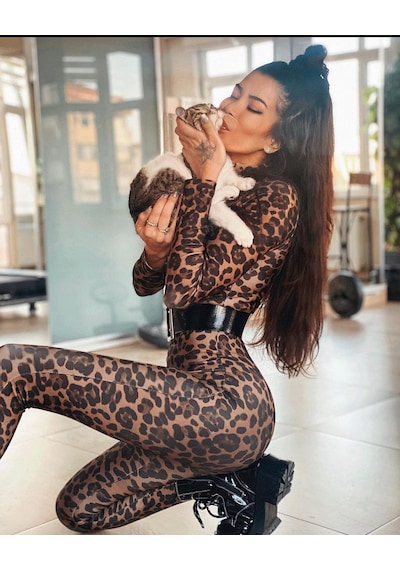 Lismina Leopar Desen Uzun Kollu Spor Tayt Tulum