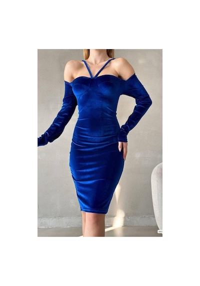 DefyModa Kadın İnce Kalp Yaka Balık Kesim Uzun Kollu Abiye Elbise Saks