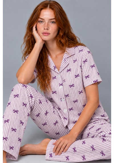 Kadın Çizgili Fiyonk Desenli Mor Kısa Kollu Pijama Takımı 4811