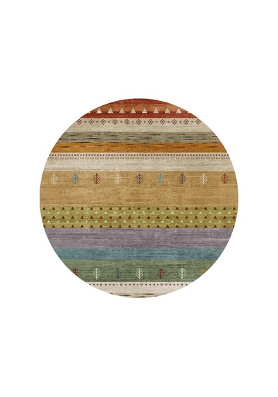 Etnik Kilim Desenli Pamuk Taban Yıkanabilir Baskılı Yuvarlak Halı Turuncu
