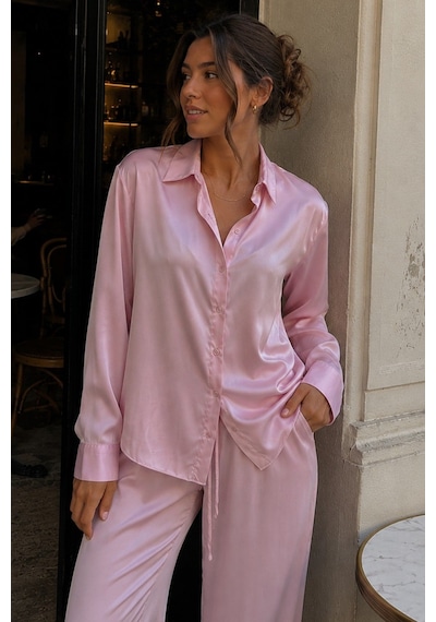 Madmext Pembe Saten Gömlek Pantolon Takım Mg2745